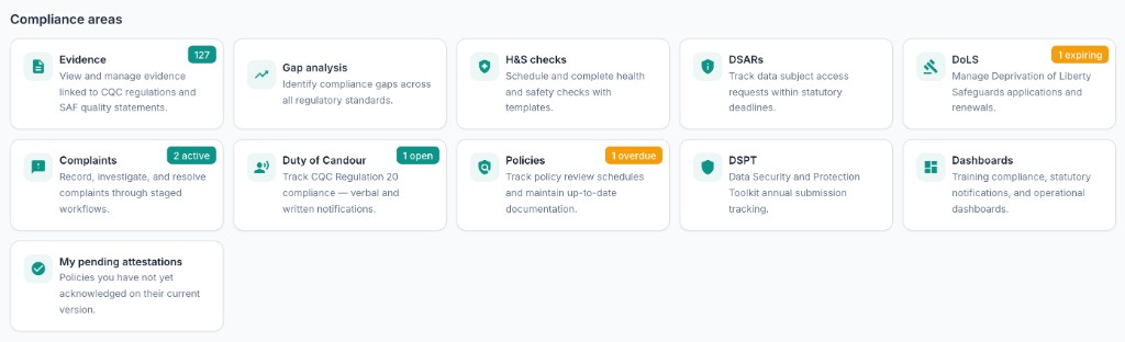CQC compliance areas dashboard preview