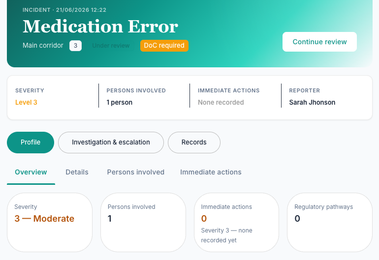 Medication error incident record showing severity, people involved, actions, reporter, and review status