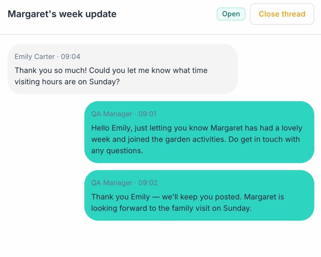 Family portal message thread for Margaret's week update