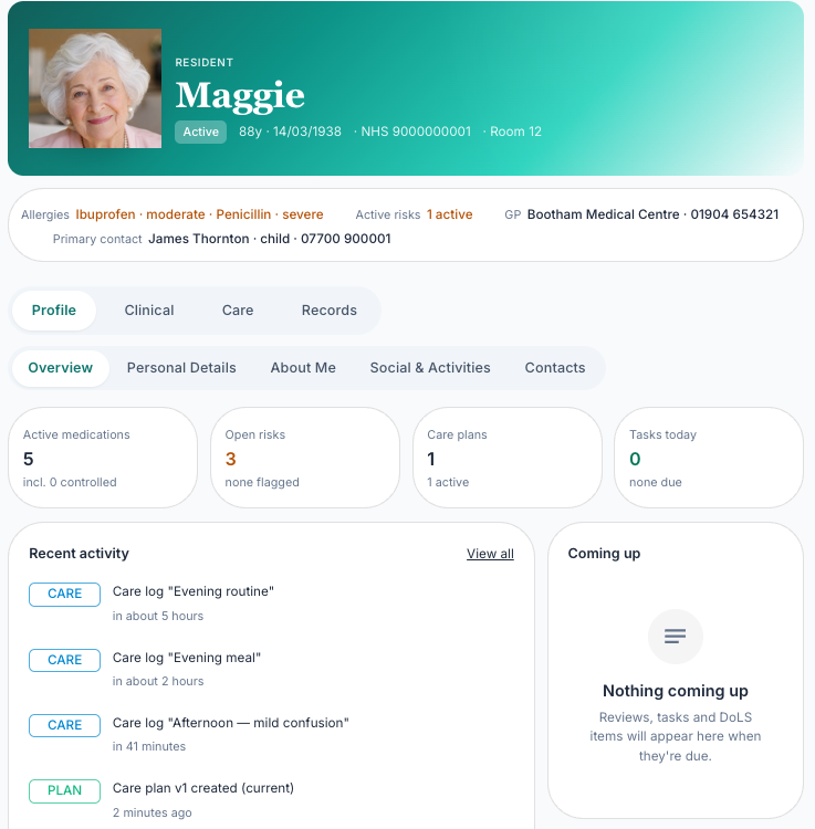 Resident profile overview for Maggie showing allergies, risks, medication, care plans, tasks, and recent activity