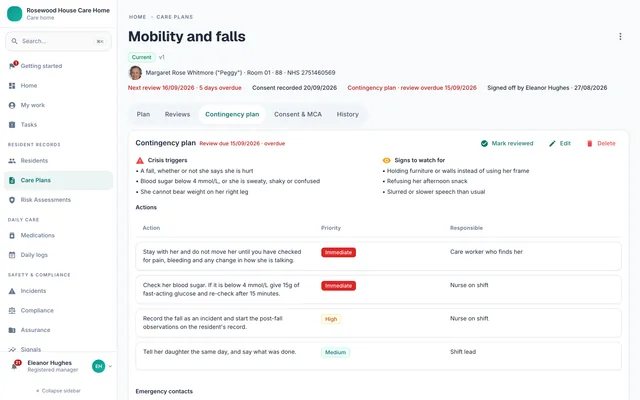 The Contingency plan tab of a care plan, with its triggers and who responds