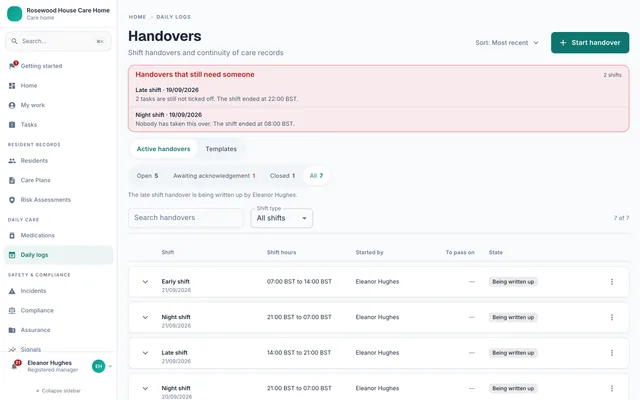 The handovers page with an open handover and its checklist