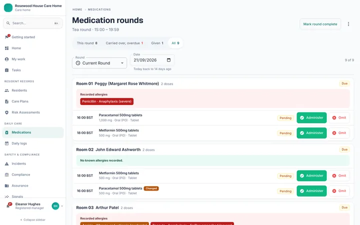 A medicine round in Atara Care listing residents, their medicines and the times due