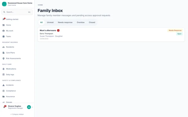 The staff Family Inbox listing every family conversation in the home