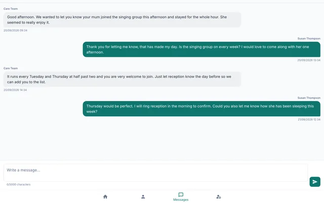 The family portal messages page with a conversation with the care team