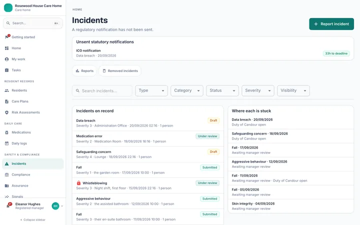 The incidents register with the unsent statutory notifications band and the incidents on record