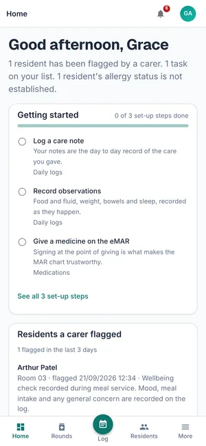 The home screen on a phone with Home, Rounds, Log, Residents and More tabs