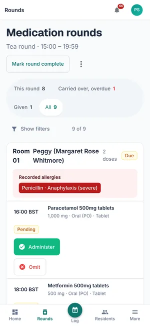 A medicine round on a phone, one card per resident