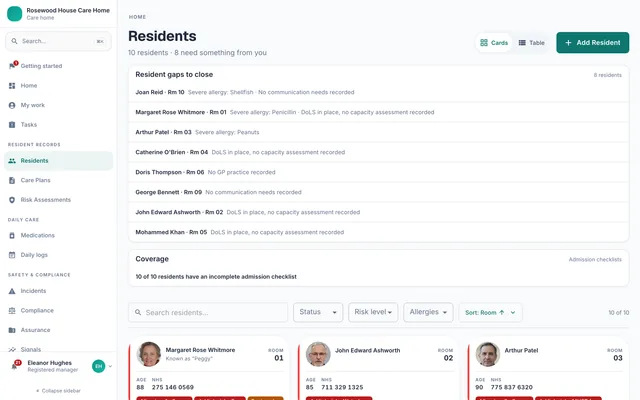 The residents register with search, filters and the notices column