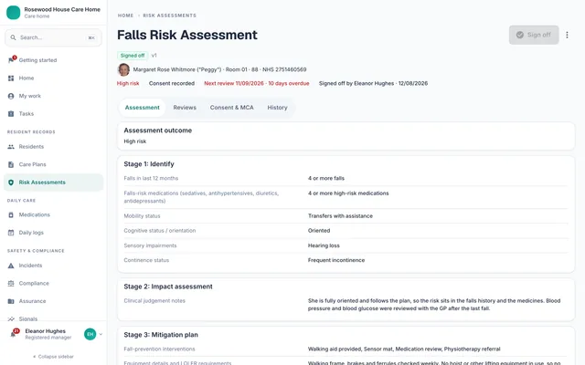 A signed-off risk assessment showing its stages, consent and linked care plan intervention